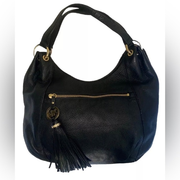Michael Kors Hobo Carryall Black Pebbled Leather With Tassel and Gold Hardware - Picture 1 of 14